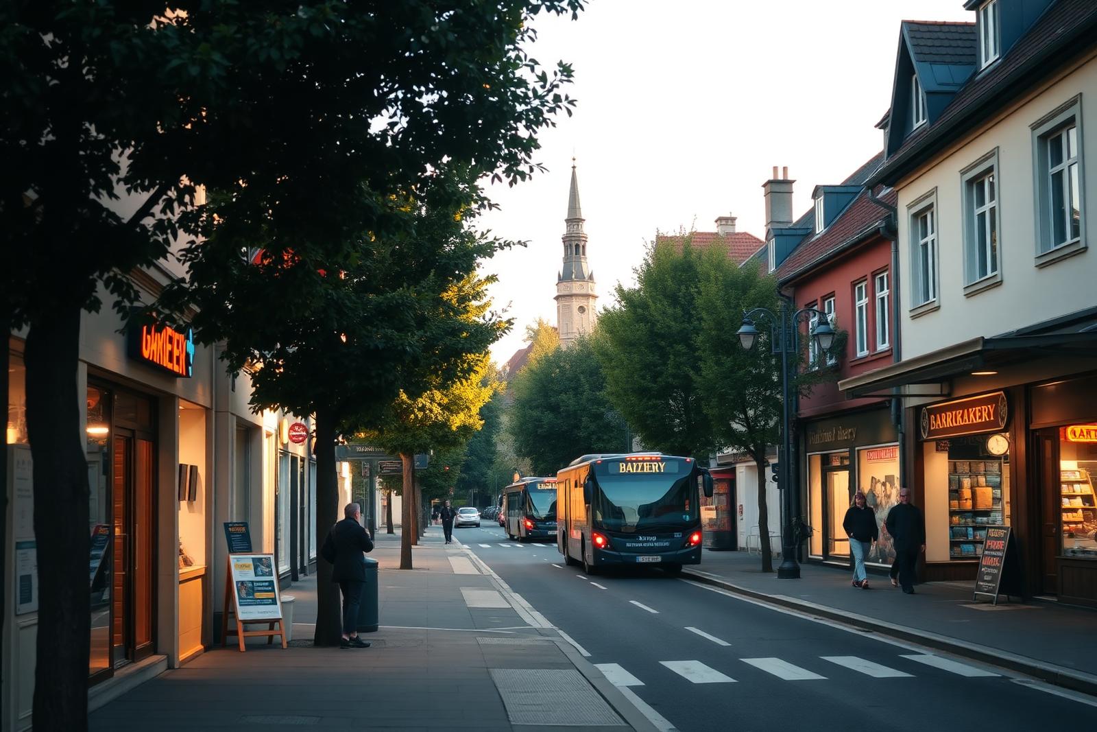 Straßenszene in Speyer mit Geschäften und Bushaltestelle in der Nähe des Apartments